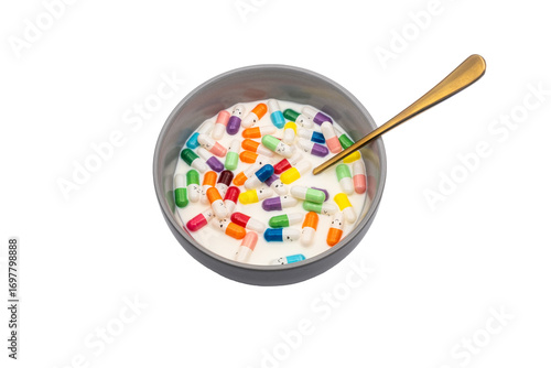 breakfast with multicoloured medicine capsulles in a bowl with milk and a golden spoon