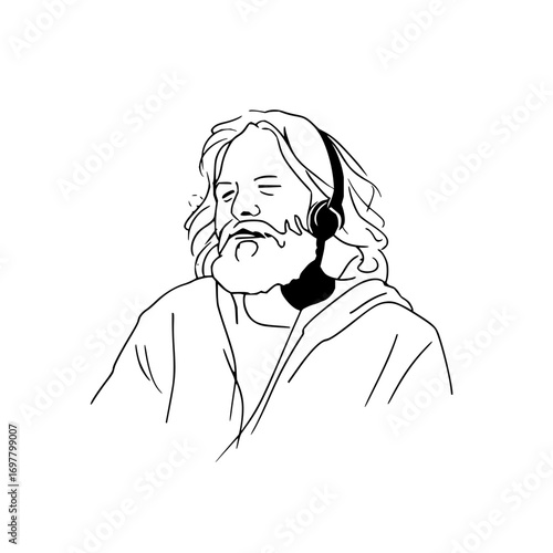 Line art of a bearded man with long hair wearing headphones and a robe in black and white illustration