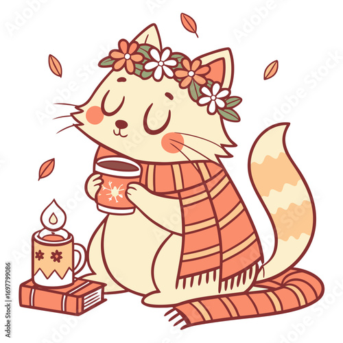 Cute Happy Maine Coon, accessorized with with a flower crown, in a Christmas world – Warm Cozy palette vector