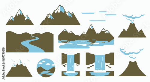 Stylized Mountain and Water Landscape Illustrations with Volcanoes and Waterfalls.