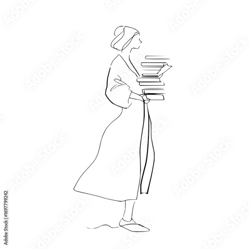 Line art of a woman in a dress and head covering holding a stack of books in her arms while reading