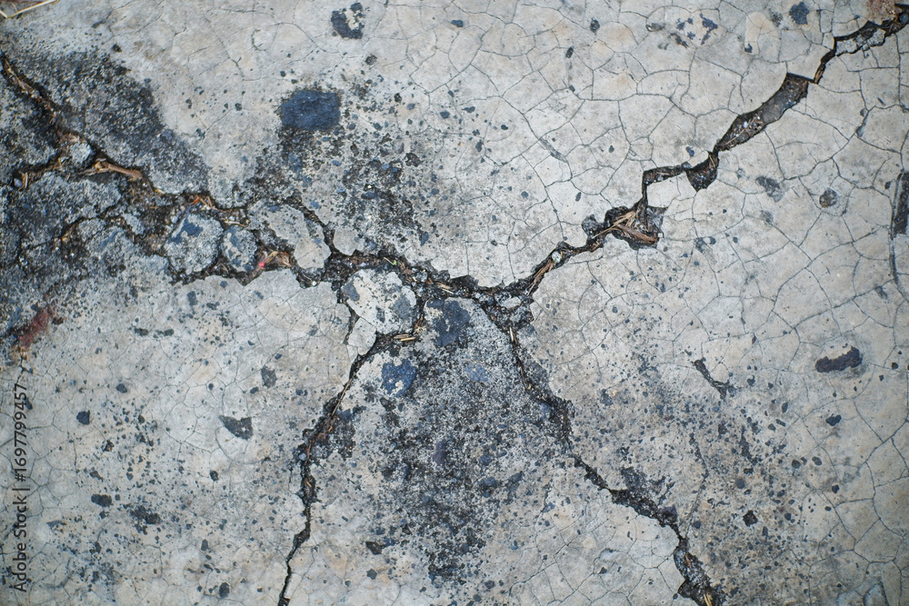 Obraz premium Cracked concrete surface showcasing intricate patterns, texture, and natural erosion marks.