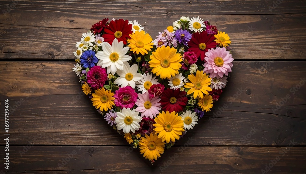 Fototapeta premium Heart-shaped flower arrangement on wooden background