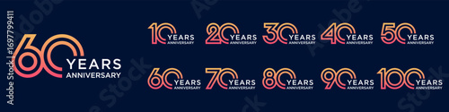 collection anniversary 10 to 100 year logo designs. abstract number for celebration event, wedding, greeting card, and invitation, vector illustration