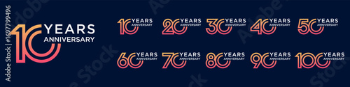 collection anniversary 10 to 100 year logo designs. abstract number for celebration event, wedding, greeting card, and invitation, vector illustration