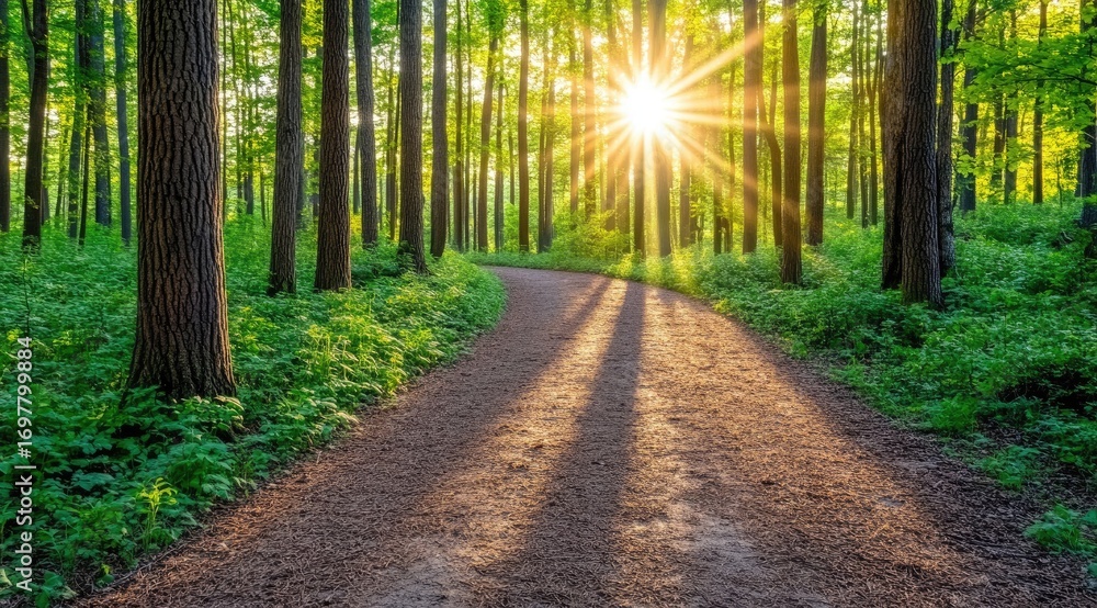Obraz premium Sunlit path through a lush green forest