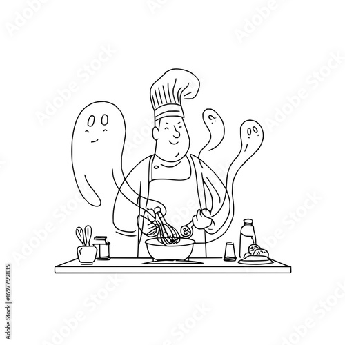 A chef with a hat and apron mixing ingredients in a bowl with ghosts floating around the kitchen table