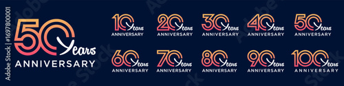 collection anniversary 10 to 100 year logo designs. abstract number for celebration event, wedding, greeting card, and invitation, vector illustration