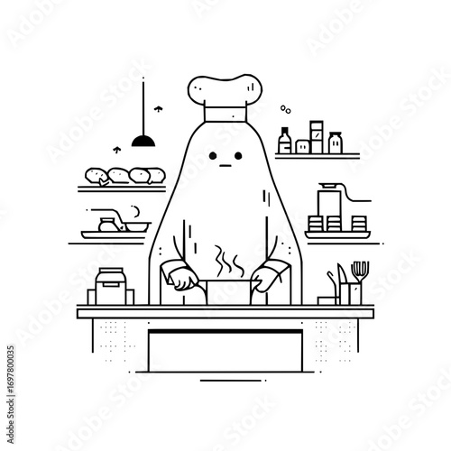 Stylized chef character in a kitchen preparing food with various kitchen items around him on shelves