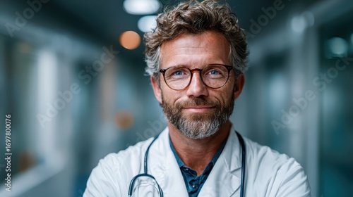 A smiling doctor with curly hair and glasses stands confidently in a well-lit modern clinic hallway, exuding professionalism and approachability for patients and staff alike.