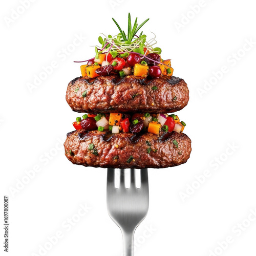 Gourmet stacked burger on a fork featuring fresh vegetables and a transparent background