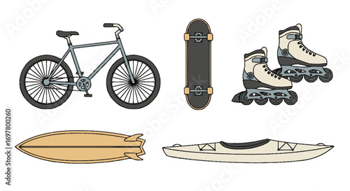 Assorted Recreational Equipment: Bicycle Skateboard Rollerblades Surfboard Kayak.