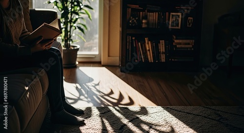 A person quietly reading a book in a cozy living room, bathed in warm sunlight casting beautiful shadows on the floor, creating a peaceful mood.