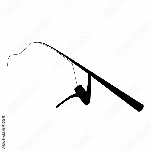 Vector illustration of modern fishing rod with rope. Fishing tools isolated on white background in black and white style.