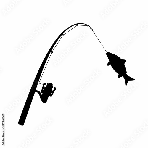 silhouette of fishing rod with fish hanging on the hook on a white background. Suitable for logos for outdoor hobbies, tourism and sea fishing.