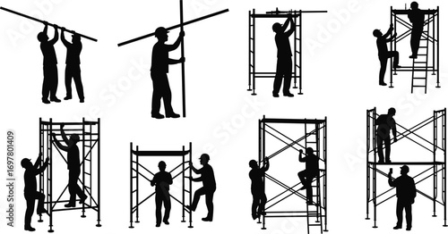 Silhouettes of Construction Workers Building and Climbing Scaffolding with Tools for Industrial, Engineering, Labor, Safety, and Construction Projects Design