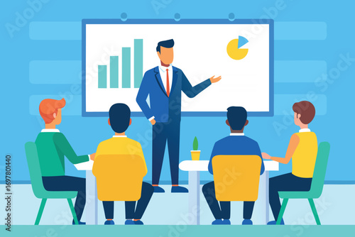 Business Presentation with Graph and Pie Chart Showing Growth to Team Members