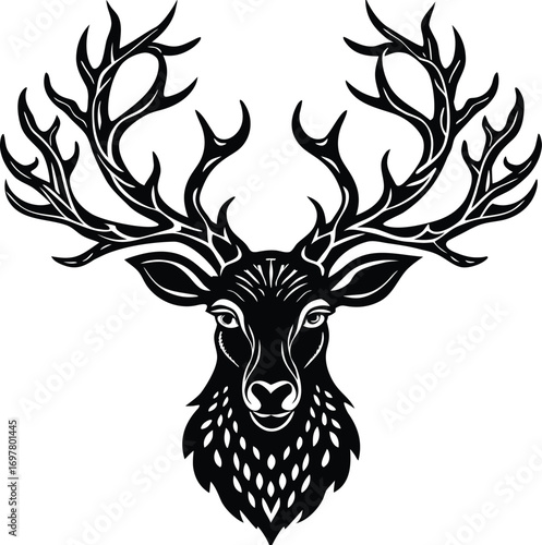 Vector art of a striking black and white vector illustration of a stags head with large, elaborate antlers, presented in a stylized, graphic art style, isolated on a