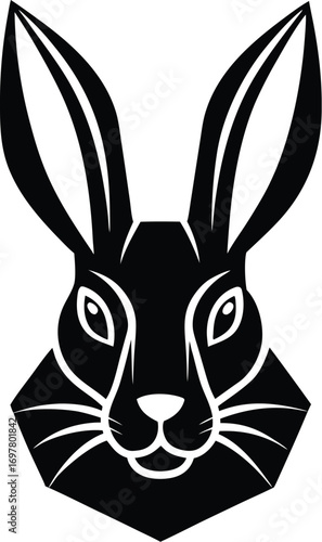 Vector art of bold black and white graphic illustration of a rabbits head, isolated on a, with prominent ears and a geometric base, suitable for branding and design