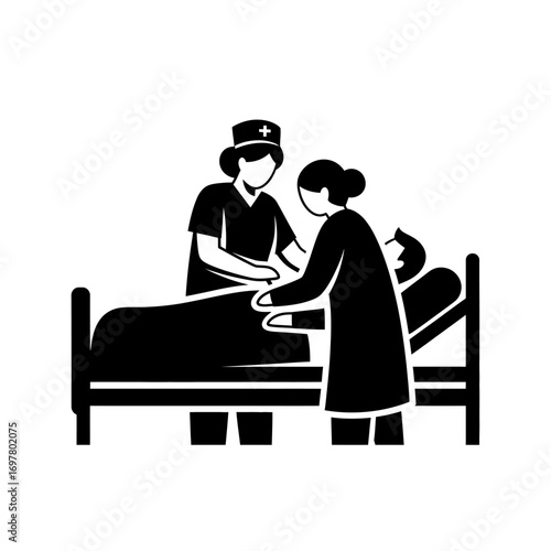Vector art of nurse caring for patient in hospital bed