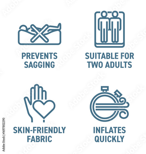 Mattress icons set - For Two Adults, Prevents Sagging, Inflates Quickly, Skin-friendly