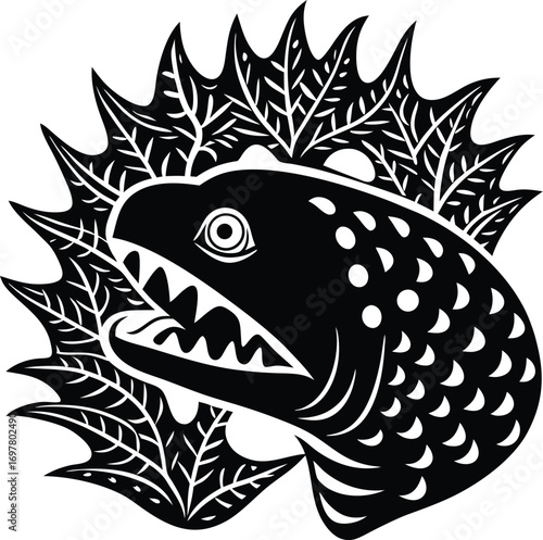 Vector art of black and white artistic depiction of a fish head with sharp teeth, open mouth, and a decorative, spiky fin or mane surrounding its head, rendered in a bold, graphic style