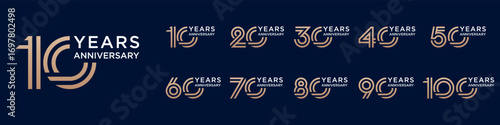 collection anniversary 10 to 100 year logo designs. abstract number for celebration event, wedding, greeting card, and invitation, vector illustration