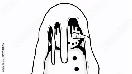 Cartoon-style illustration of melting snowman with carrot nose and button eyes
