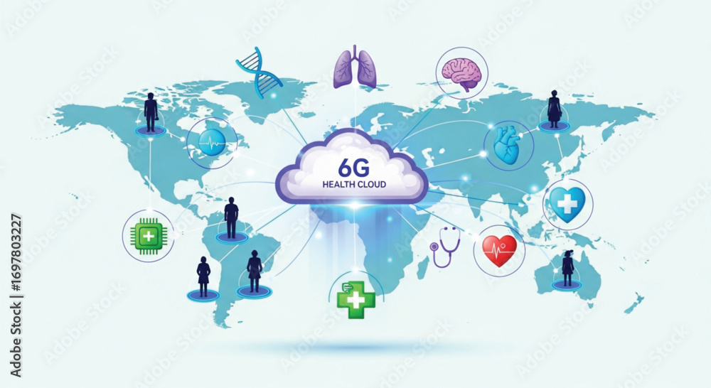Obraz premium Global 6G Health Cloud Network Connecting Healthcare Professionals Worldwide. EPS Vector