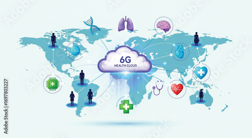 Global 6G Health Cloud Network Connecting Healthcare Professionals Worldwide. EPS Vector