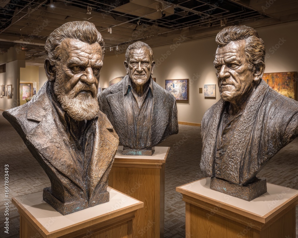 Fototapeta premium Museum Exhibit Of Three Bronze Bust Sculptures