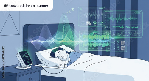 6G-Powered Dream Scanner Monitors Sleep in a Futuristic Bedroom. EPS Vector