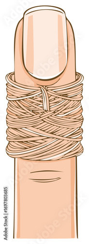 Cartoon Finger Bandaged with String, Digital Illustration of Hand Injury Treatment