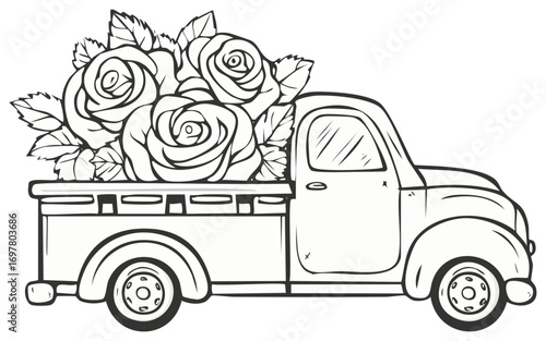Classic pickup truck with beautiful roses illustration black and white line art