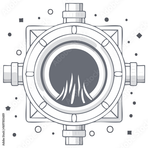 Overhead View of Circular Industrial Manhole with Four Pipes and Abstract Elements
