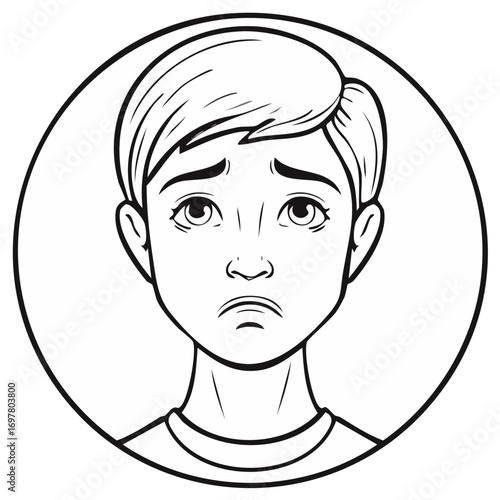 Black and white contour of a sad young man in circle frame feeling depression
