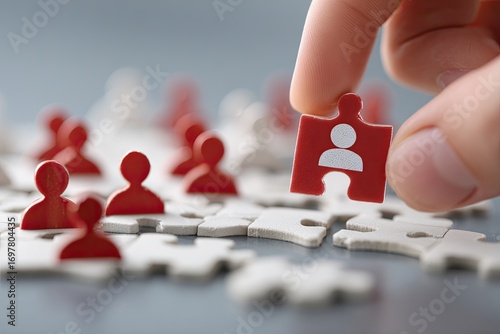 Hand placing a red puzzle piece with a person icon into a group of white puzzle pieces with red person icons