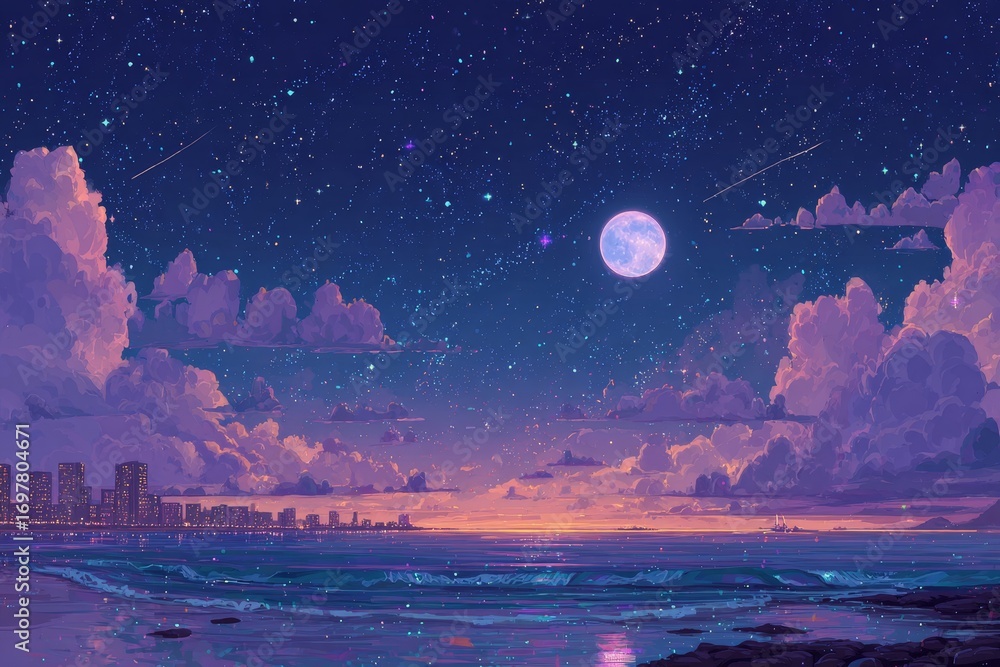 Fototapeta premium A serene coastal scene at night, featuring a full moon, a vibrant array of pastel purples and blues, and a cityscape on the shore.