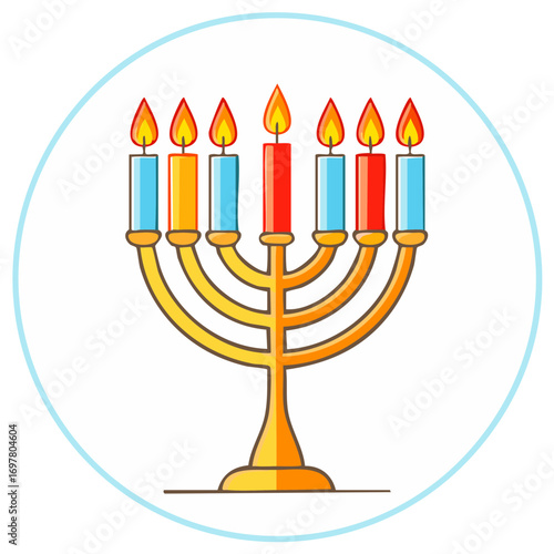 Illustrated Menorah with Seven Lit Candles in Red Blue and Yellow Inside a Circle