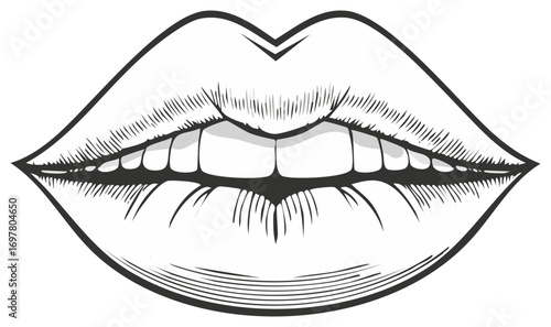 Detailed illustration of a pair of full lips with teeth showing, drawn in a vintage scratchboard style