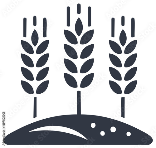 Three stalks of wheat grow from fertile ground in a simple graphic representation