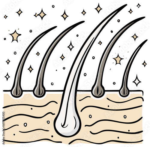 Strong healthy hair follicles and shiny strands growing from scalp cartoon illustration