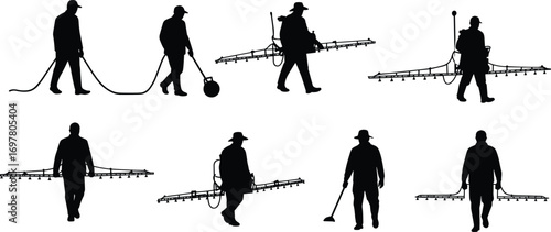 Silhouettes of farmers using agricultural sprayers and equipment for crop protection and pest control in outdoor farming environment.