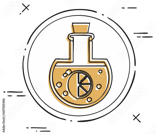 Doodle style science flask with bubbling liquid and a diagram inside