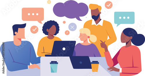 Diverse team collaborating on project with laptops and coffee in modern office