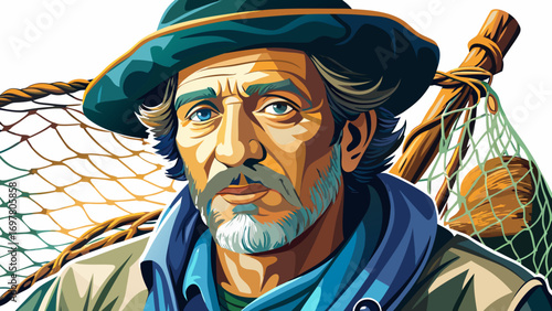 Close-up portrait of male fisherman holding a fishing net. Isolated white background emphasizes resilience, tradition, and connection to water.
