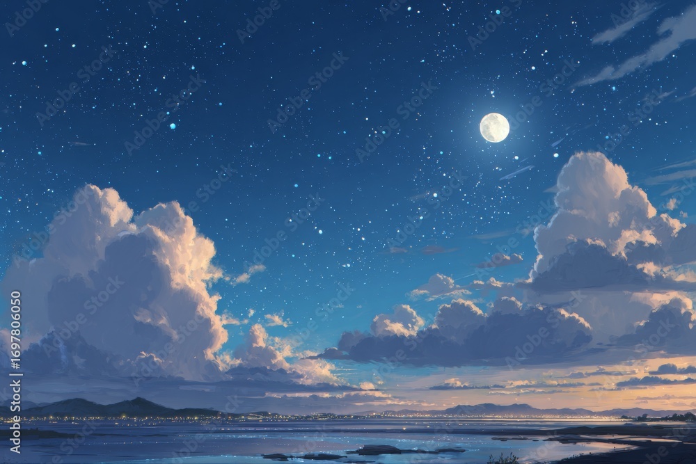 Fototapeta premium A serene seascape under a starry night sky, featuring fluffy clouds and a luminous moon, evoking a peaceful and dreamy atmosphere.