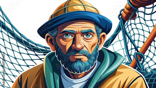 Close-up portrait of male fisherman holding a fishing net. Isolated white background emphasizes resilience, tradition, and connection to water.