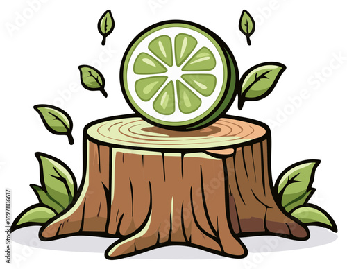 Vibrant lime slice resting on a sturdy tree stump surrounded by green leaves