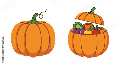 a pumpkin filled with colorful vegetables next to an empty one